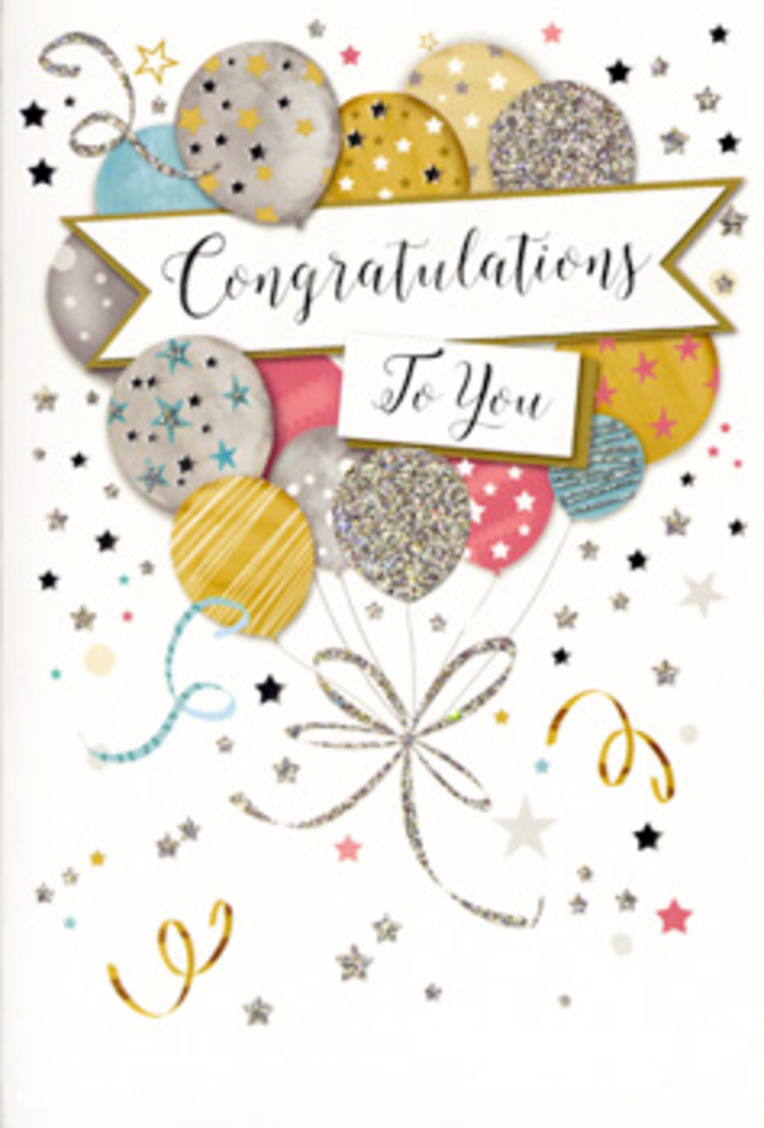 An elegant congratulations card is shown in close detail, its design echoing the festive mood of a special occasion in Beckton when friends gather at home to celebrate good news. At the heart of the illustration floats a charming bouquet of balloons, softly rounded and gently layered so they appear to be hovering above the card. The balloons glow in a palette of champagne gold, muted silver, airy sky blue, blush pink, and soft grey, with some surfaces dusted in fine glitter-like speckles and others traced with slim stripes or tiny star motifs. The finish suggests the smooth feel of foil balloons you might see outside a party shop near Beckton Triangle Retail Park, polished and reflective under indoor light. A graceful banner sweeps across the middle, carrying a tasteful Congratulations message in flowing calligraphy that feels both classic and contemporary, like the handwriting on a lovingly chosen greeting that accompanies same-day flower delivery across Beckton. Surrounding the balloon cluster, arching curls of ribbon and scattered stars in metallic tones give the impression of movement, as though confetti were falling through the air during a surprise gathering. The background remains soft and uncluttered, tinted in pale, neutral tones that make the delicate colours and metallic accents stand out without overwhelming the eye. Overall, the design feels uplifting and polished, perfect for marking a big achievement-a graduation, promotion, or special award-while still staying gentle and heartfelt. It's the sort of congratulations card that would sit beautifully beside a hand-tied bouquet on a living room shelf off Tollgate Road, quietly adding sparkle to the memory of a proud Beckton milestone.