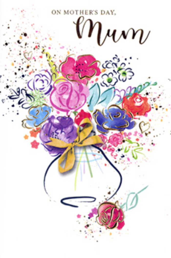 An exuberant watercolour bouquet bursts from the centre of this Mother's Day card, its colours mingling the way emotions do when families gather across Beckton to celebrate a much-loved mum. Hot pink, cerise, and magenta flowers are layered with softer blush petals, their edges carefully defined by deep indigo lines that lend a sketch-like energy, as if an artist-florist captured the bouquet in a single inspired sitting. Between the brighter blooms, cooler blue and lavender blossoms rest like small breaths of calm, balancing the composition. Fine golden accents outline certain petals and leaves, catching imaginary light as delicately as morning sun on fresh arrangements waiting in a Beckton shop window. These gilded touches add a subtle shimmer without overpowering the gentle watercolour washes beneath. The flowers gather in a rounded vase, softly painted in shades of blue and lilac, finished with a narrow golden bow tied neatly at the neck, recalling the ribbons used to secure hand-tied bouquets before they travel out towards Gallions Reach or across the residential streets. Around the main bouquet, playful splatters of paint, tiny heart shapes, and scattered dots spread outward, like confetti or petals scattered in joy, reinforcing the feeling of celebration. The background remains crisp and white, giving the bouquet room to glow and drawing attention to each stroke of colour and line of gold. The overall mood is warm, affectionate, and slightly whimsical, evoking the gratitude, admiration, and deep comfort associated with Mother's Day, and transforming this illustrated card into a lasting, paper-based bouquet of love.