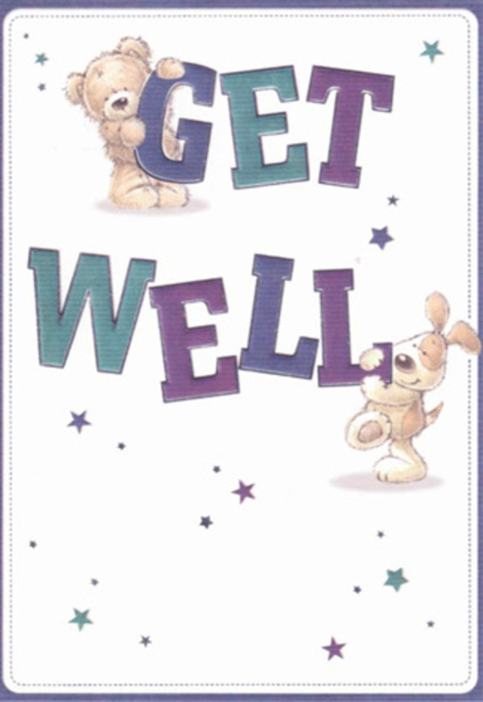 This get well card captures an outpouring of encouragement through its delightful artwork: a bear and a pup, drawn with genuine care, share the task of delivering heartfelt wishes. The backdrop is a luminous, clean white, echoing the tranquil expanses of Beckton's local parks and creating space for hope. Playful stars of violet and blue seem to flutter in the air, scattering good intentions above the friends, just as petals might drift when crafting a bouquet for someone in need of comfort. Bold lettering-emboldened in rich purples and aquas-anchors the sentiment, the gradient hues recalling the changing sky over nearby Gallions Reach. Each character's fur is depicted with soft strokes, inviting the touch, much like the comforting feel of fresh flowers arranged by a local florist. The teddy bear, with its round, cozy form, looks lovingly toward the puppy, whose floppy ears and bright eyes spark a sense of tender playfulness. The card's overall design exudes a lightness and joy reminiscent of the Beckton community's spirit, a perfect companion to a bouquet meant to nurture and support loved ones. Pairing this card with a thoughtful floral arrangement, perhaps hand-delivered across Beckton, amplifies its positive message-lifting spirits, fostering connection, and bringing a little extra sunshine to someone on the mend.