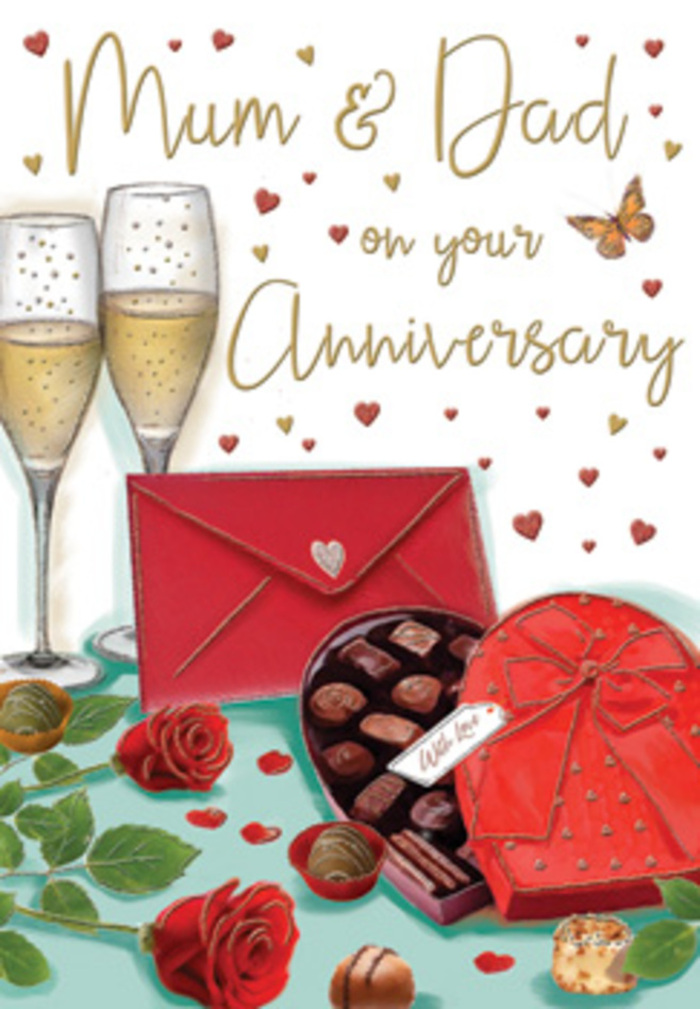 The anniversary card scene is illustrated like a carefully styled celebration table, rich with colour and texture, as if a Beckton couple has paused a quiet evening just long enough to capture the moment. Dominating the upper part of the image, two clear champagne flutes stand close together, almost touching, filled with sparkling golden champagne whose lively bubbles rise in shimmering streams. The glasses catch the light with delicate reflections, hinting at soft, ambient lighting similar to that in a cosy Beckton living room after sunset. Below them, a heart-shaped box of chocolates takes centre stage, its deep red casing and generous satin bow echoing classic romantic gestures. The lid is open to reveal uniform, carefully arranged chocolates, each nestling in its own little space, their surfaces smooth and inviting, like the kind of treat shared slowly at the end of an anniversary meal. Nearby, two lush red roses rest across a spray of fresh green leaves, their layered petals richly shaded from crimson to a darker wine red, giving the impression of real florist-quality blooms sourced from a local shop near Beckton Triangle. Their imagined fragrance softens the air, blending with the sweetness suggested by the chocolates. A bright scarlet envelope, sealed and confidently placed, hints at thoughtful handwriting inside-perhaps a message to Mum & Dad celebrating years of marriage and memories made from the A13 to New Beckton Park. Dotted around the composition, delicate golden flecks and small red hearts appear to float, creating a halo of festivity. The overall effect is one of tender indulgence and heartfelt gratitude, captured in a single, richly detailed anniversary card design.