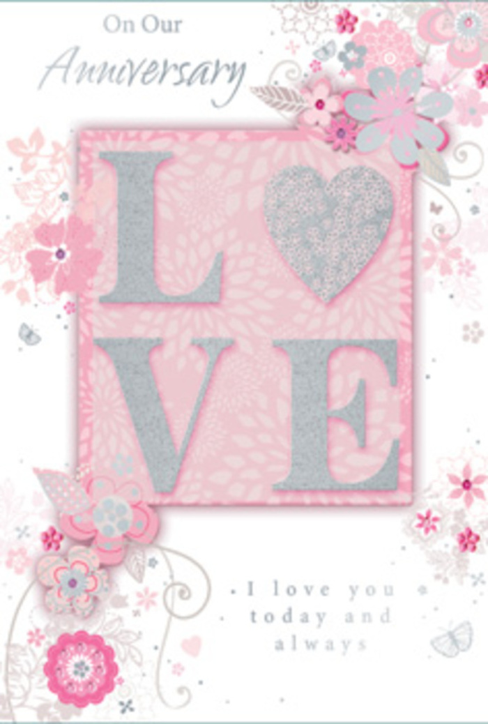 The anniversary card in this image feels like stepping into a sunlit corner of Beckton on a peaceful morning, where love is honoured in quiet, daily gestures. Dominating the centre is the word LOVE, printed in tall, graceful letters and finished with a frosted glitter effect that adds a tactile sparkle, inviting fingertips to trace each curve. Gentle light plays over the raised design, making the glitter twinkle softly like tiny crystals caught on flower petals after rain along the paths near Beckton District Park. Around this central motif, wispy, hand-drawn flowers and airy sprays of leaves drift across the card's borders, rendered in soothing shades of blush pink, lilac, and ivory. The blooms appear almost weightless, as though they were sketched while studying a fresh bouquet on a florist's bench, each petal defined by fine, confident lines. Dainty flourishes-filigree swirls, slender stems, and nearly hidden butterflies-nestle between the flowers, hinting at the flutter of hearts on an anniversary evening. The background remains soft and understated, allowing the delicate floral artwork and the sparkled LOVE to shine without distraction. Nestled within the design, in subtle yet elegant type, is a message that reads I love you today and always, a sentiment that feels both intimate and timeless. The card has the quiet charm of something crafted with care for couples in Beckton, perhaps chosen after browsing local anniversary flowers and gifts. It captures the feeling of a hand-tied bouquet turned into paper form: tender, graceful, and full of gratitude for years shared together.