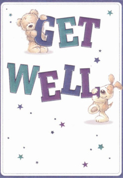 Opening this heartening get well card, you're greeted by a scene brimming with comfort and optimism-the artistry as inviting as a friendly gesture on Beckton's bustling High Street. A cuddly bear with plush, gentle features is caught in the act of supporting the word 'GET,' while below, a playful puppy nestles close to the word 'WELL,' their expressive eyes and rounded shapes radiating friendship and gentle encouragement. The bold, hand-lettered message leaps out in soothing shades of deep purple and vibrant teal, conjuring the calming hues of local Beckton waterways. Scattered around the message, small, sparkling stars in blue and purple mirror the feeling of hope that runs through the community; each twinkle like a reassuring voice wishing for brighter days ahead. The clean, white backdrop provides a refreshingly clear space, reminiscent of the fresh beginnings one finds walking through nearby parks. There's a tactile softness to the card-the illustrated fur looks inviting, as if ready for a comforting hug, while the careful placement of each star and letter suggests the thoughtful arrangements made daily at Beckton Flowers. The overall mood is one of warmth and nurturing, perfectly suited to accompany a beautiful bouquet delivered around Beckton, sending genuine wishes for renewed strength and happiness.