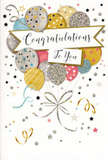 This congratulations card is illustrated like a miniature party scene, the kind you might imagine unfolding in a cosy Beckton living room after sharing good news. In the centre, a rounded cluster of balloons drifts upward, their shapes overlapping to create a sense of fullness and gentle motion. The colours are soft and celebratory: brushed gold, cool silver, warm champagne, dusky pink, sky blue, and dove grey, each balloon finished with subtle touches of glitter, stars, or fine linear patterns that suggest the tactile shine of foil. A beautifully curved banner stretches across the middle, bearing the words Congratulations To You in elegant, flowing script that feels sincere and thoughtful, as though carefully chosen to match a bouquet arriving from a local Beckton florist. Around the main motif, scattered stars, tiny dots of confetti, and delicate curls of ribbon appear to float in the air, creating an effect similar to seeing confetti drift in slow motion over New Beckton Park on a breezy afternoon. The background is light and understated, allowing the metallic touches to catch the eye without becoming overpowering. This balance of pastel softness and shimmering highlights gives the card a refined, grown-up feel-suitable for celebrating exam success, a new job in the City, a promotion, or any personal milestone worthy of recognition. The overall mood is joyful yet composed, like the moment when you set a vase of fresh flowers and a single meaningful card on the hallway table, ready to surprise someone special returning home to Beckton.