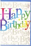 The photograph presents a bright, contemporary birthday card that immediately communicates celebration, much like a colourful gift chosen from a trusted Beckton florist for a special day. Dominating the front, the words Happy Birthday are rendered in large, rounded letters that seem to float forward from the surface. Each letter is filled with a soft, blended gradient, shifting from deep cherry and raspberry hues through lively oranges, crisp greens, vivid blues, and gentle yellows, evoking the cheerful mix of tones you might find in an uplifting birthday arrangement. The colours melt into one another with a smooth, almost airbrushed quality, giving the design a polished yet playful look that would appeal across ages in the Beckton community. Behind this bold central wording, the background is decorated with repeating lines of Happy Birthday to you written in slender gold script. The handwriting-style letters loop and curl gracefully, shimmering like fine metallic ink under the light, reminiscent of the elegant lettering on premium greeting tags we often attach to birthday bouquets. These delicate gold phrases are slightly subdued in tone so they remain a subtle backdrop, adding texture and a sense of depth rather than demanding attention. Tiny sparkles and faint, star-like details glint around the script, creating a gentle impression of confetti or twinkling fairy lights. Together, the colourful main message and its golden echo create a feeling of warmth, joy, and genuine affection. The card looks ideal for celebrating a loved one's big day, whether they're blowing out candles at home near Beckton Park or gathering friends for a lively party, capturing the mood of a day that deserves to feel truly special.