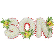 A heartfelt, three-dimensional floral tribute spells the word SON in bold, sculpted letters formed from hundreds of small, pristine white chrysanthemums. Each chrysanthemum is tightly clustered to create a soft, cloud-like surface that reads as purity and quiet reverence; the whole composition sits on a clean white background so every petal and shadow shows clearly. Around the perimeter and the inner curve of the 'O' a bright red ribbon is carefully looped into scalloped edging, its satin sheen offering a sharp, warm contrast to the matte white blooms and suggesting love and remembrance. At three strategic points-upper left of the S, the base of the O, and the upper right of the N-lime-green Cymbidium orchids with pale yellow-green petals and a delicate reddish-brown throat nestle among deep green leaves and fine fern fronds. The orchids' waxy texture and faint, comforting scent lift the arrangement; the glossy foliage and feathery ferns add vertical movement and a natural, respectful flourish. Soft studio light falls across the letters, creating gentle highlights along the chrysanthemums and a subtle depth between the ribbon loops and foliage. This design reads as a personalized funeral tribute or graveside memorial, composed with careful craftsmanship to honour a beloved son. As an east London florist who arranges memorial pieces for families from Beckton Park to the Royal Docks and nearby Gallions Reach, I aim for clean lines, durable construction, and a palette that balances solemnity with the quiet warmth of memory.