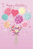 On a soft pink background, this birthday illustration captures the feeling of a bright, unforgettable day in Beckton, where a whimsical bouquet of balloons and flowers seems to float with joyful ease. A cluster of pastel balloons rises gracefully, painted in gentle shades of blush, mint, lemon, lilac, and sea green, their colours reminiscent of festive decorations seen at local gatherings near New Beckton Park and along the residential streets. Each balloon is given its own personality: some whirl with candy-like stripes, others playfully burst with polka dots, and at the centre a tender heart-shaped balloon radiates warmth and affection. Above and around them, petite floral patterns and soft highlights suggest the sheen of real latex balloons catching the light. Below this airy display, a compact bouquet of fresh blooms gathers at the base, as if serving as the anchor for all the drifting happiness above. Delicate roses and anemone-style blossoms, shaded in creamy ivory, blush pink, and gentle mauve, cluster together with feathery petals and soft, rounded forms. Their stems are pulled neatly together and tied with a violet satin bow, whose smooth, slightly glossy texture feels almost touchable. Tiny stars and fluttering butterflies sprinkle the scene, adding an extra layer of fairy-tale wonder, like a birthday card chosen with great care from a trusted Beckton florist. The entire composition suggests a light, sweet fragrance and the rustle of wrapping paper, evoking the moment a loved one opens a birthday surprise delivered right to their home in Beckton. It is a picture of hope, affection, and simple, sincere celebration.