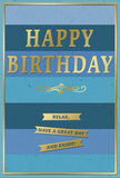 An understated yet luxurious birthday card is pictured, its design combining soothing bands of blue with tasteful gold details, reminiscent of the calm you feel walking through Beckton's quieter residential streets on a sunny afternoon. The background consists of wide, even stripes running horizontally across the front, gradually transitioning from deep navy at the base to softer, more luminous shades of teal and pale blue towards the top. This layered effect creates a gentle sense of depth and movement, like the sky reflected on calm water. Dominating the center, the phrase HAPPY BIRTHDAY stands out in large, gold, uppercase letters, each one embossed and slightly raised, catching the light with a warm metallic sheen. Just below, a graceful golden flourish curves outward in a balanced, symmetrical pattern, acting as a delicate divider between the main greeting and the sentiments beneath. Three slim gold banners unfold in a stacked arrangement below the flourish; each banner carries part of the message Relax, have a great day and enjoy! in a clean, legible script. The banners are finely outlined and embossed so they appear like small ribbons neatly laid across the blue stripes. Encircling the entire design is a fine gold border that neatly frames the artwork and ties all the elements together. The card is printed on smooth, matte-finish cardstock, which contrasts beautifully with the raised, reflective gold accents. You can imagine this card standing next to a birthday bouquet delivered to a Beckton home, bringing a gentle note of calm celebration and thoughtful well-wishing to the special day.