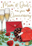 This illustrated anniversary card presents an intimate celebration scene that could easily be unfolding in a Beckton home on a special evening. At the centre are two tall champagne flutes, close together and filled with pale gold fizz, their slender stems and sparkling liquid suggesting a joyful toast shared between long-time partners. The soft glimmer on the glass mimics the glow of a nearby lamp, giving the image a comforting, homely warmth. Just below, a heart-shaped box of chocolates rests open, its deep red lid tipped back to reveal neatly arranged truffles, some dark, some milk, all with a gentle sheen that suggests rich, melt-in-the-mouth indulgence. A wide red bow wraps the box, its folds and tails echoing the luxurious feel of a carefully chosen gift. To one side, two sumptuous red roses lie on a bed of fresh green leaves, their velvety petals curling outward in full bloom, like a bouquet freshly delivered from a trusted Beckton florist. They bring a sense of romance and familiarity, conjuring the soft, classic scent that often fills local homes after an anniversary delivery. A striking scarlet envelope, sealed and slightly turned toward the viewer, hints at the handwritten words inside-perhaps a loving message addressed to Mum & Dad, remembering shared years from Gallions Reach to the Royal Docks. Tiny crimson and gold hearts drift gently around the composition, adding lightness and playfulness to the refined scene. Together, the roses, chocolates, champagne, and envelope create a vivid portrait of celebration, tenderness, and the quiet luxury of marking another year side by side in Beckton.